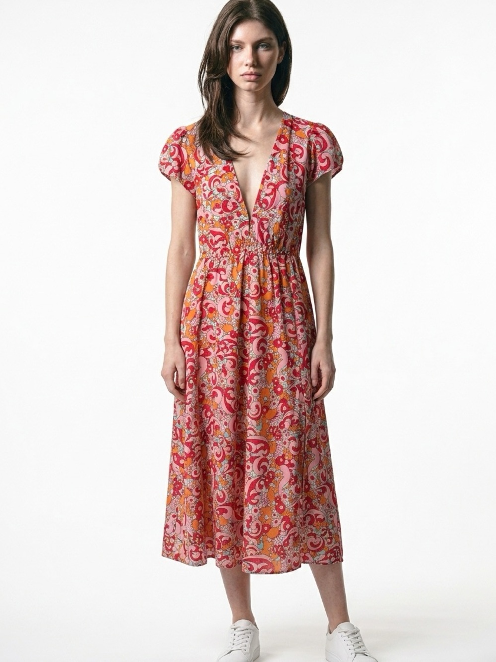 SHEIN Pink & Orange Paisley V-Neck Midi Dress